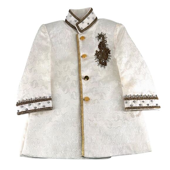 Boys White Sherwani Jacket Beaded Embroidery Gold Buttons 14" Chest - Picture 1 of 16